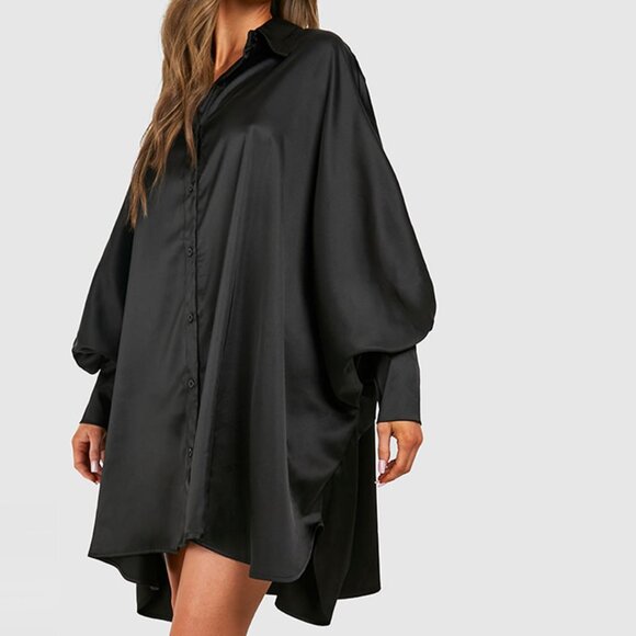 Boohoo Satin Oversized Batwing Balloon Sleeve Shirt Dress - Picture 2 of 3
